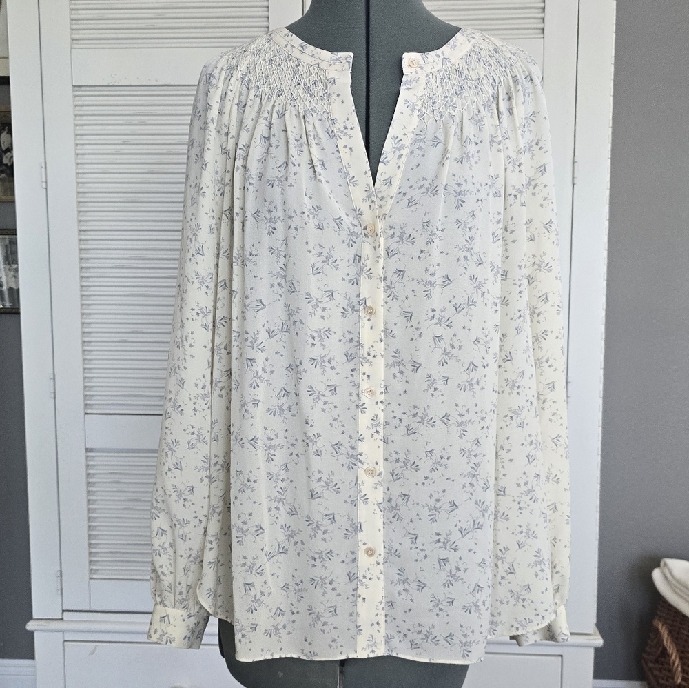 Vince Cream Blouse with Light Blue Floral Print